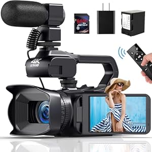 Video Camera Camcorder 4K 64MP 60FPS,HD Auto Focus Vlogging 4.0″ Touch Screen 18X Zoom Digital Camera with 4500mAh Battery, Charger, Microphone, Handhold Stabilizer, 64G SD Card, Remote Control