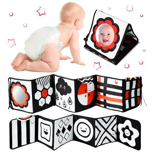Image of Black and White Baby Toys – High Contrast Soft Book with Mirror, Crinkle Sensory Tummy Time Toy for Newborns 0-3 3-6 6-12 Months, Montessori Infant Toys, Shower Gift