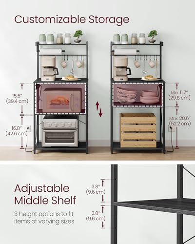 Image of VASAGLE BARNET Collection - Kitchen Bakers Rack with Power Outlet, 23.6-Inch Wide Coffee Bar 4-Tier with 8 S Hooks, Modern Microwave Stand, Adjustable Shelf, Charcoal Gray and Ink Black UKKS014B01V1