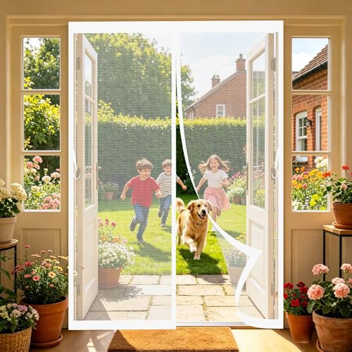 Cortina Mosquitera 104 x 202 cm Malla Ultrafina, Transpirables, Fácil Instalación Adhesiva Mosquitera para Puerta Mosquiteras Magneticas para Puertas para Cocina, Comedor, Blanco