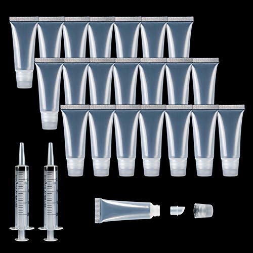 50 PCS 10 ML Empty （Disinfected ）Lip Gloss Tubes, Mini Clear Refillable Soft Cosmetic Tubes for DIY Lip Gloss Base Glitter Pigment Powder with 2 Free Syringe