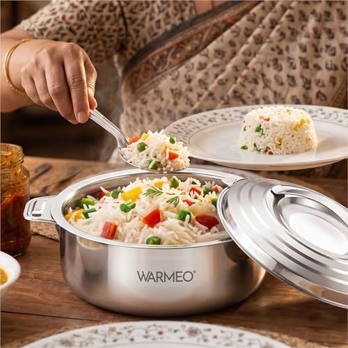 Image of WARMEO Linea Premium Insulated Stainless Steel Casseroles | Easy to Carry Hot Boxes for Kitchen | Hot Food, Easy to Store | Silver | 2000ml