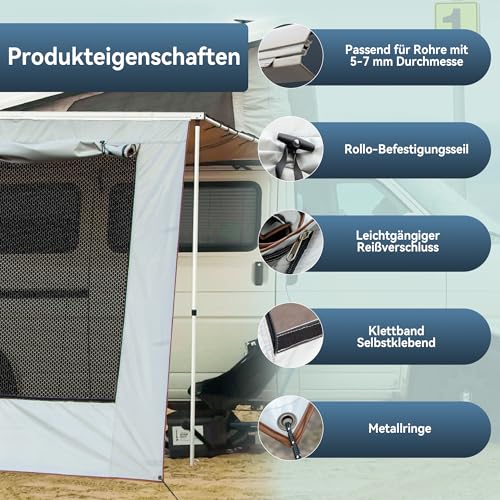 EFEALL Sonnenschutz Wohnmobil Vorderwand 2 x 3,7 m, UPF 50+ Schutz, Regenfest, mit Verstellbarem Panorama-Fenster(Stoff+Netz), Sunblocker Markise für Kederleisten mit Ø 5–7 mm, inkl. Montagezubehör