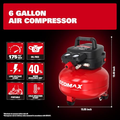 ECOMAX Air Compressor 6 Gallon 175 PSI Pancake Portable Oil-free Tank with 10 PCS Accessories Kit - Thumbnail 3
