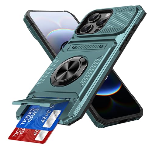 IMEIKONST for iPhone 14 Pro 6.1 Case with Card Holder Camera Protection Cover & Magnetic Ring Kickstand Rugged Hard PC Back Shockproof Phone Case for iPhone 14 Pro. Green TCKB