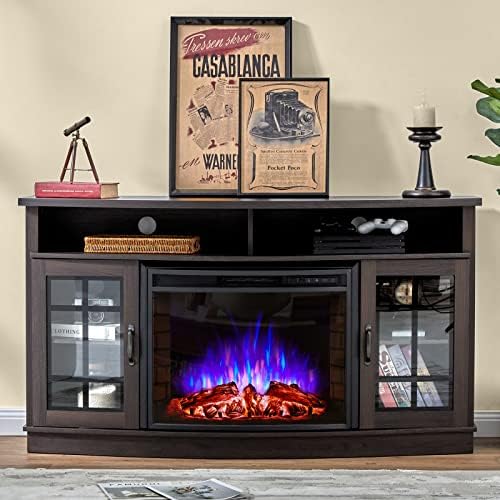 AMERLIFE Curved Fireplace TV Stand with 26'' Electric Fireplace, Media Entertainment Center Farmhouse Glass Door Storage Cabinet, Open Shelve Console Table for TVs up to 65'', Espresso - Thumbnail 3