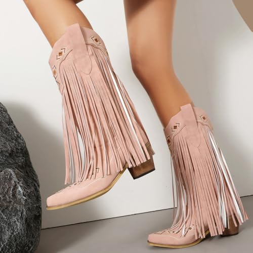 Image of Embroidered Fringe Cowboy Boots for Women, Pull On Mid Calf Chunky Block Heel Pointed Toe Western Cowgirl Boots Riding Country Boot Retro Boots