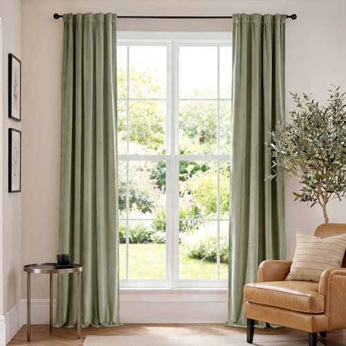 Image of Blackout Olive Sage Velvet Curtains Rod Pocket 52x102 Inch 2 Panels | Soft Velvet, For Bedroom & Living Space, Light Shifting Texture, Elegant Drape, Serene, Fresh