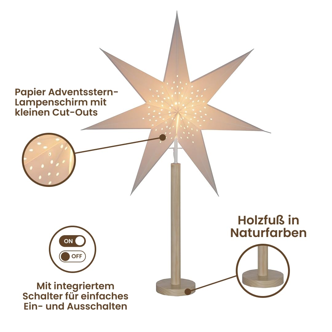 Stehlampe Weihnachtsstern Elice von Star Trading, 3D Papierstern Weihnachten mit Holz-Fuß in Natur, Dekostern Stehleuchte mit Kabelschalter, E14, Höhe: 85 cm