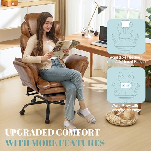 Image of Flip Armrests Criss Cross Office Chair, Reclining Office Chair with Foot Rest, Adjustable Headrest, Massage Waist Pillow, Cross Legged Big and Tall Desk Chair Wide Seat Vanity Chair, Brown PU Leather