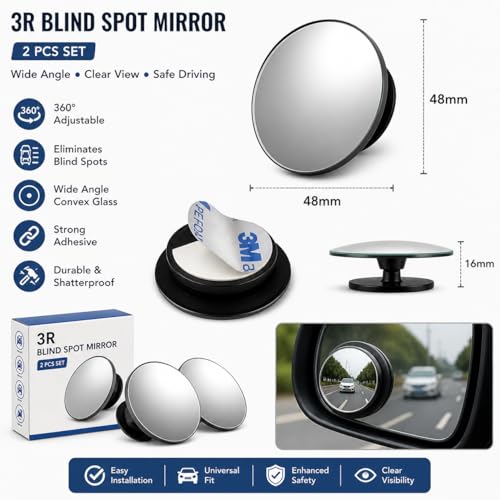 Image of 3R Blind Spot Mirror for Cars | 360 Adjustable Wide Angle Convex HD Glass | Eliminates Blind Spots | Strong Adhesive Stick-On | Side Mirror Accessory (2 Pcs Set)