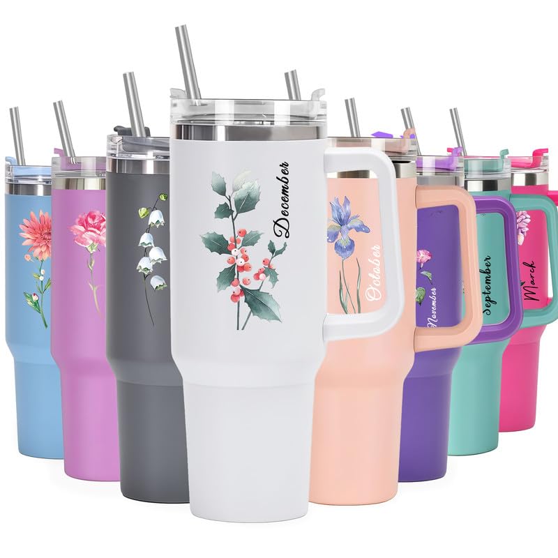 40oz Birth Flower Tumbler with Handle and Straw, Stainless Steel Travel Mug