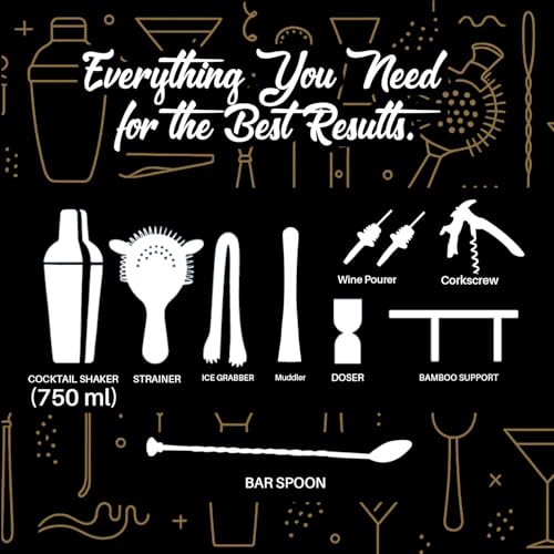 Image of O' Holic by Perch 10-Piece Bartender Kit with Mango Wooden Stand|Cocktail Shaker Gift Set with Jigger,Strainer,Spoon, Muddler,Pourers,Tongs & Corkscrew|Home Bar Accessories for Mixing Drinks|Rose Gold