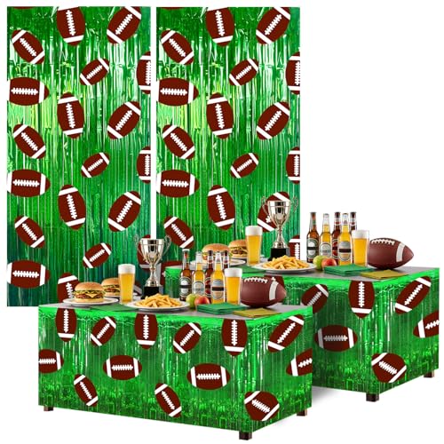 4 Pack Football Party Decorations 2 Pcs Table Skirt and 2 Pcs Fringe Curtain Backdrop Football Supplies Party Backdrop Birthday Photo Booth Streamer for Sports Themed Party Decoration
