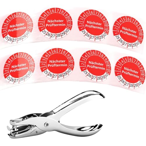 1000 Stück Mehrjahresprüfplaketten 30MM 2025-2030 1 Plakette Lochzange Rundloch 3MM Satz Rot Nächster Prüftermin Prüfplaketten Selbstklebend Metall Lochzange Wartungsetiketten für Prüfung