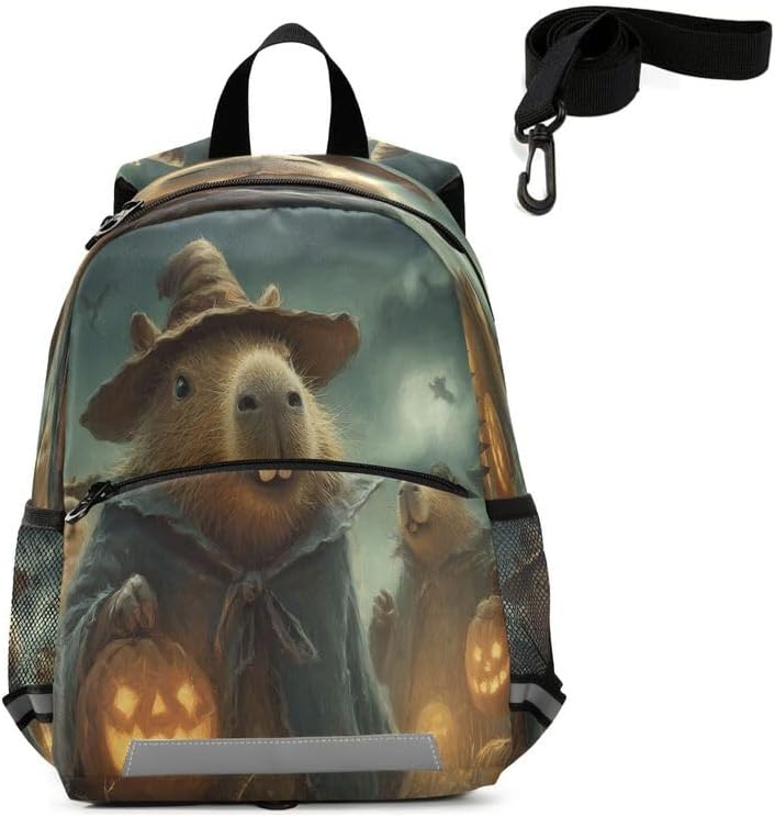 QUGRL Halloween Capybara with Lanterns Toddler Backpack for Boys Girls Kids School Backpack with Chest Strap Leash Preschool Schoolbag Nursery Kindergarten Bag for Daycare Travel Hiking School