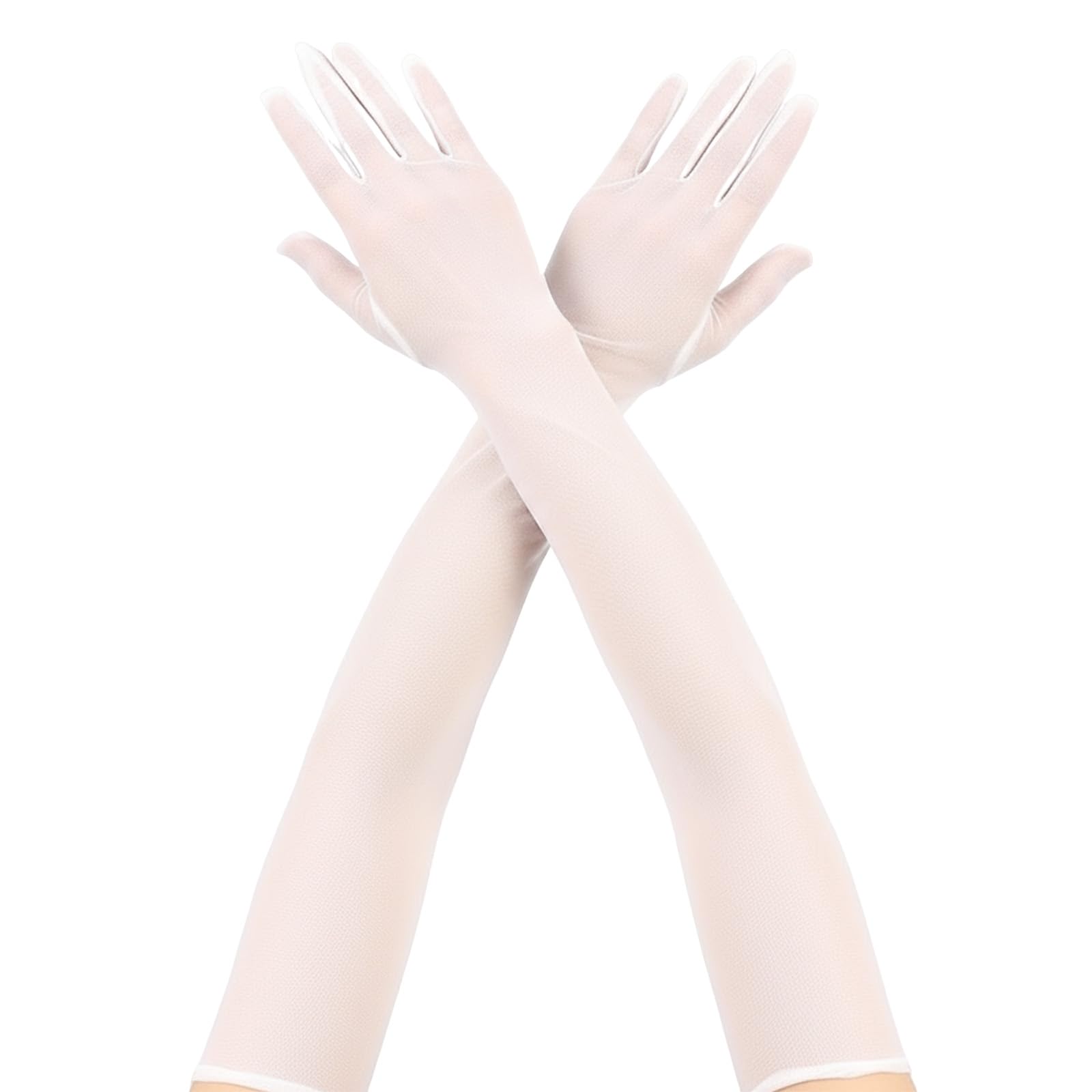 Mzbnfa Women's Super Long Tulle Mesh Gloves - Elbow Length Stretchy Sheer Opera Gloves for 1920's Formal Prom, Wedding, Dance & Halloween Costume Party (White)