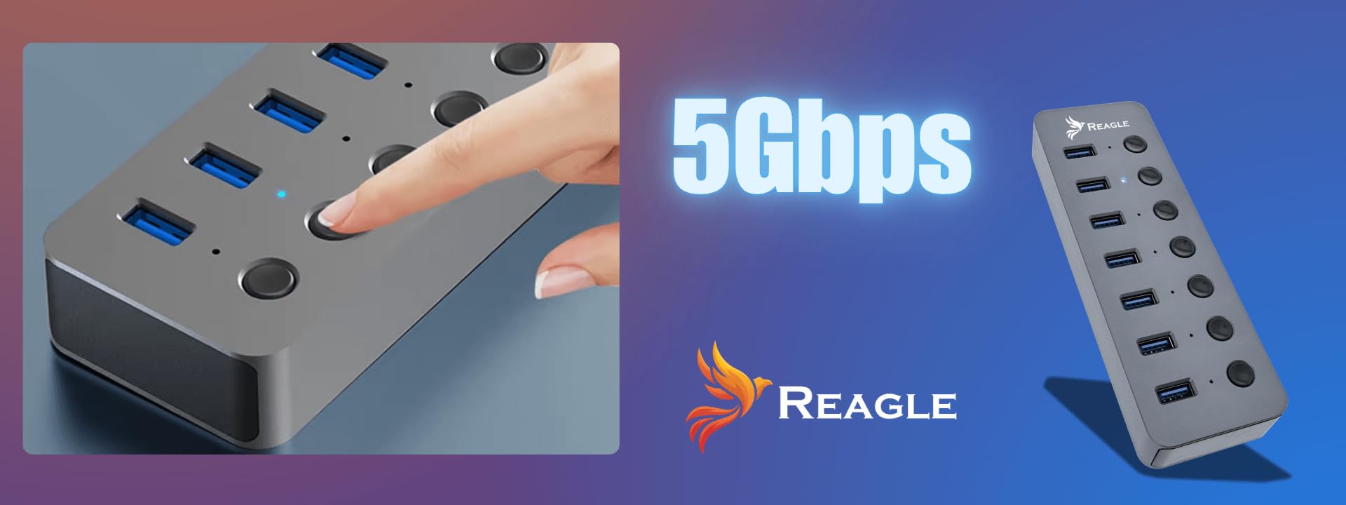 Reagle Hub USB 3.2 Gen 1-7 Ports USB-A avec Bloc d'alimentation de 24 W, Interrupteur Unique, SuperSpeed 5 Gbps, Plug & Play, boîtier en Aluminium - Idéal pour Ordinateur Portable et PC
