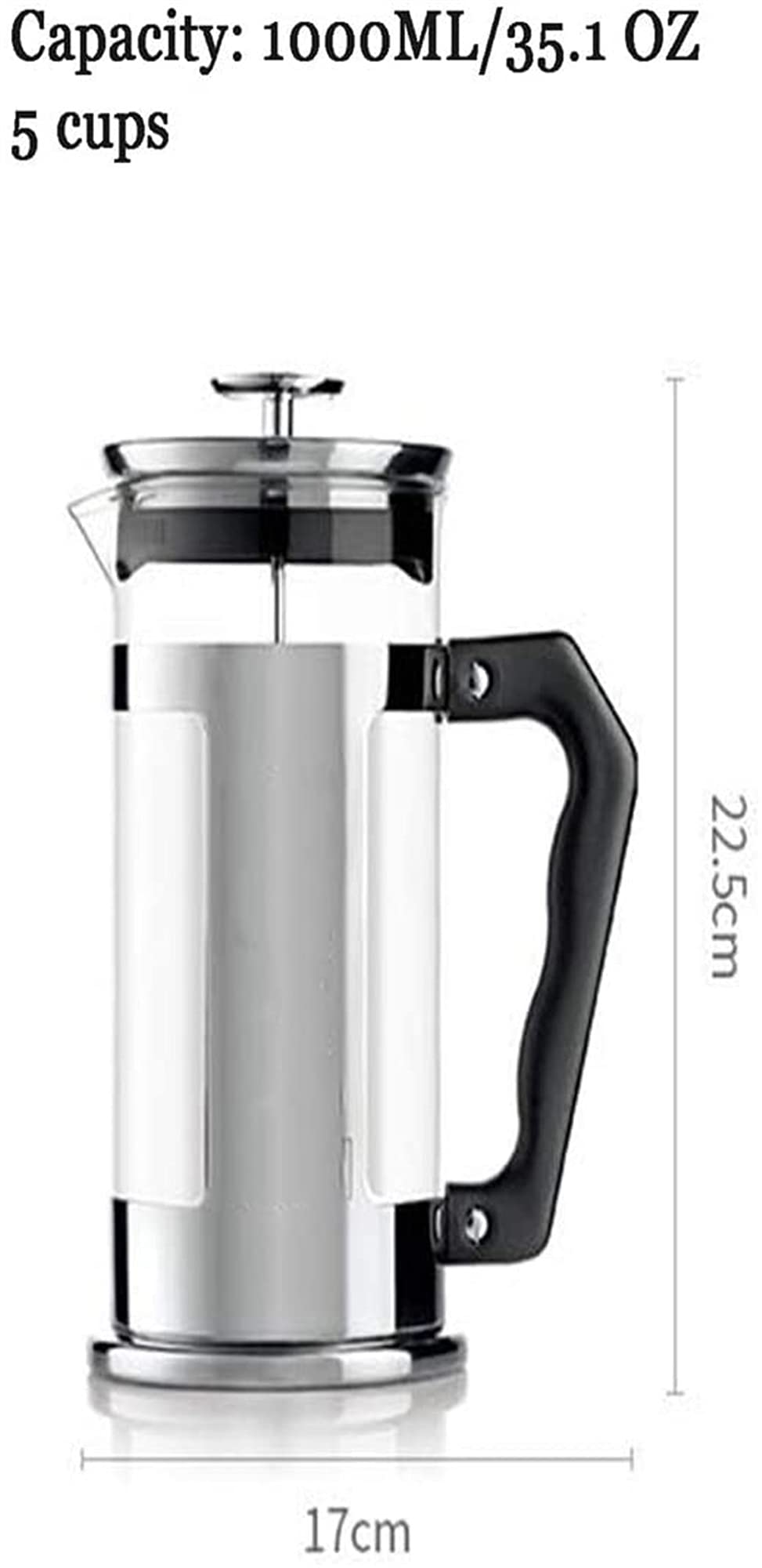 Cafetera de Prensa Francesa aislada | Cafetera de Acero Inoxidable de 4 Tazas para Verter el café | Vidrio de borosilicato Transparente de 940 ml