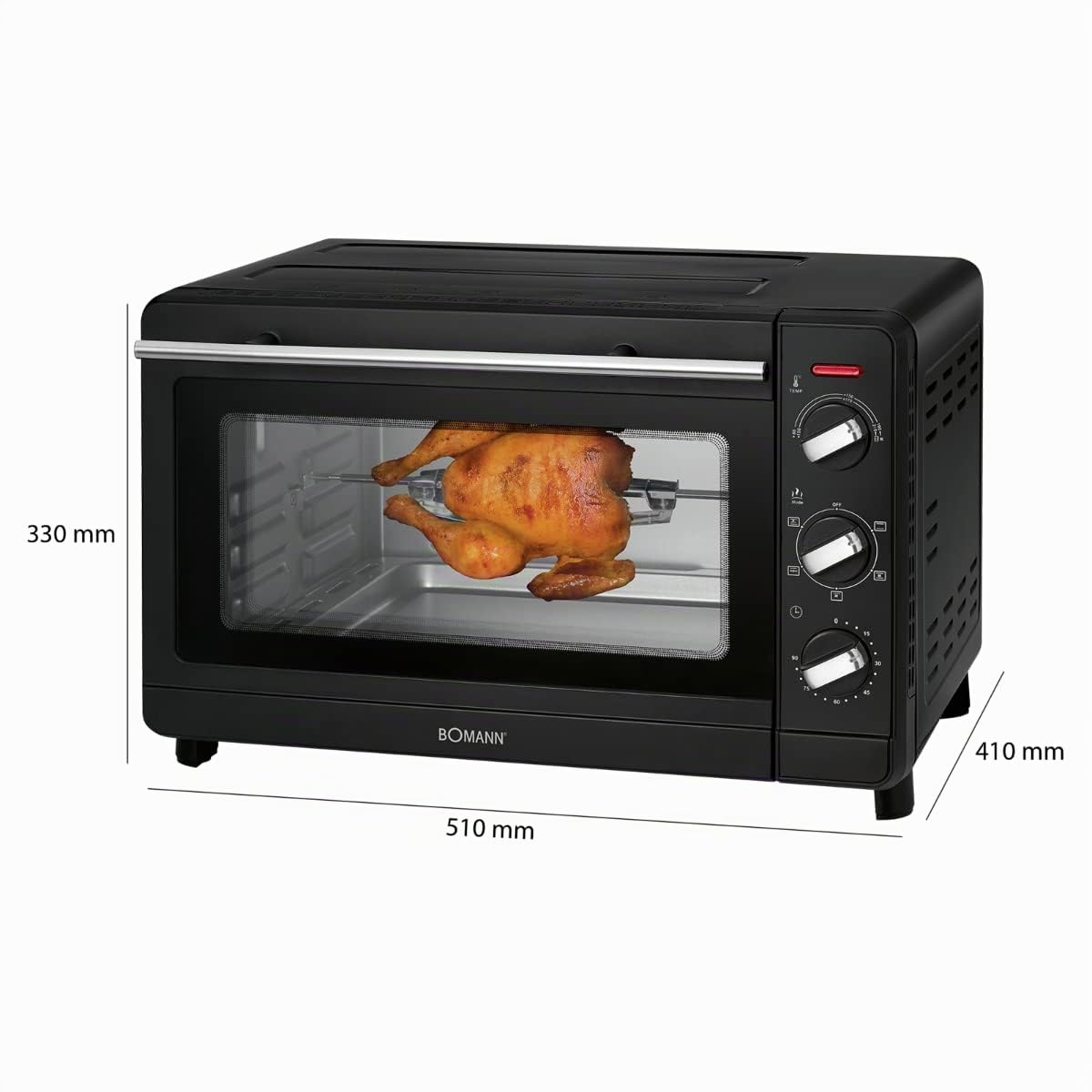Bomann Multi-Backofen | 30 Liter Backraum | Ober + Unterhitze | Kombibetrieb | 6-Stufenschalter | 100 °C–230 °C | Drehspieß | Pizzastein (29 cm) | Krümelblech | Sichtfenster | 1500 Watt | MBG 6023 CB