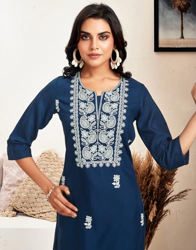 Image of SIRIL Women's Cotton Blend Relaxed Fit Chikankari Kurta | Lucknowi Kurta | Embroidery Kurti