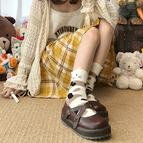 Image of Cat Themed Mid Calf Socks - 5 Pairs Cotton Animal Socks for Women & Girls