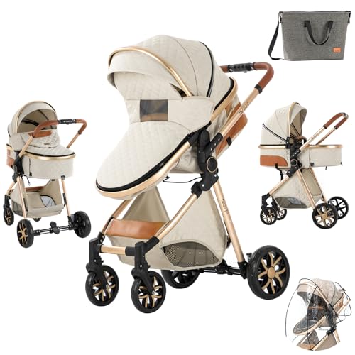 Image of 2 in 1 Baby Stroller with Bassinet, Reversible Newborn Foldable Pram, Infant High Landscape Pushchair, Portable Standard Stroller, Reclining Buggy, Baby Carriage (2USV9-WHITE)