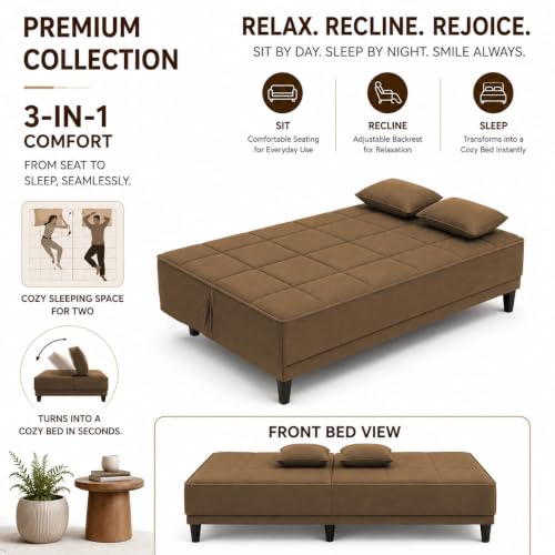 Image of Adorn India Alyssum 3 Seater Sofa Cum Bed 4X6 Velvet 2 Cushions (Color Camel) and Suitable for All Indoor, with 3 Years Warranty