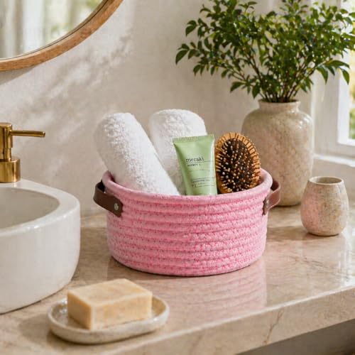 Image of Small Woven Basket, Cute Mini Cotton Rope Storage Basket with leather handle, Tiny Decorative Round Storage Bin, Boho Empty Gift Baskets for Organizing, Toy Organizer for Nursery (Pink)