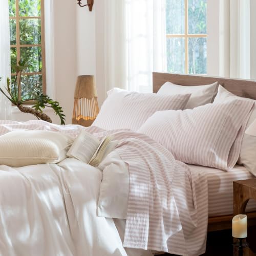 Image of MooMee Striped Sheet Set 100% Washed Cotton Linen Like Queen | Relaxed Linen-like Texture. Soft, Breathable & Lightweight Comfort. 15-19 inch Extra Deep Pocket with All-around Elastic