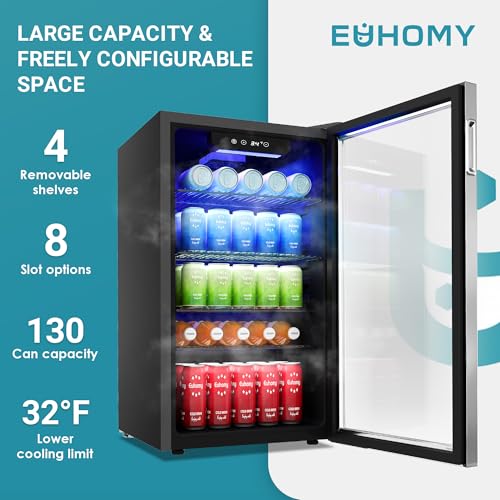 EUHOMY Beverage Refrigerator Cooler, 130 Can Mini Fridge with Glass Door for Soda Beer or Wine, Beverage Cooler for Home, Office, Bar with Adjustable Removable Shelves, Silver