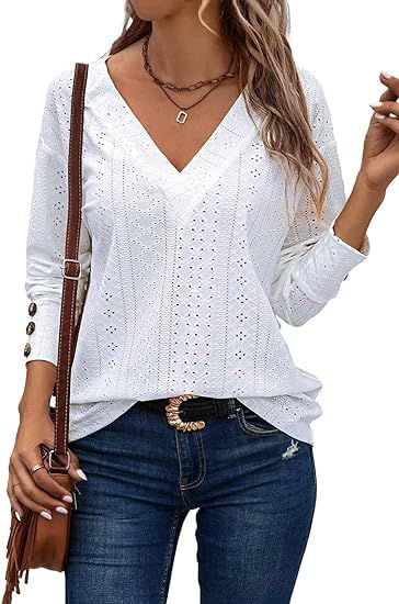 Placitiume Blusas bordadas de encaje para mujer, cuello en V, manga larga, con botones, blusas casuales elegantes para otoño de 2024, blanco, L