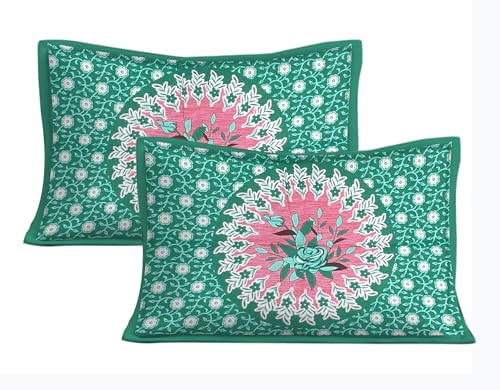 Image of JAIPUR PRINTS 100% Cotton Bedsheet for Double Size Bed bedsheets Rajasthani Jaipuri Printed Double Size Bedsheet with 2 Pillow Cover / 90x100 inch / 235x215 cm / (Green)