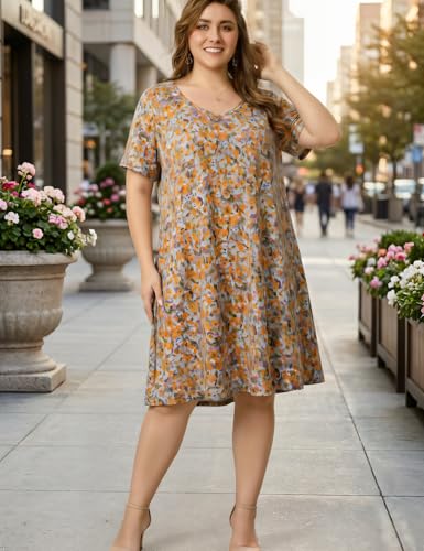 Image of OVERWORETY Womens Short Sleeve Plus Size T-Shirt Dress V Neck Casual Loose Swing A-Line Summer Tunic Dresses with Pockets