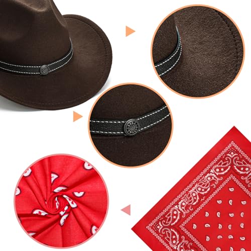 Image of Western Brown Cowboy Hat for Women Men with 3 Pcs Bandanas Felt Wide Brim Brown Cowgirl Hats for Women Cowboys and Cowgirls Halloween Costume Accessories