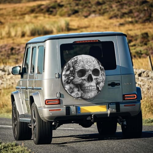 Image of Skull with Flowers Spare Tire Cover, Universal Wheel Tire Cover Funny Skull Skeleton Tire Protectors for Trailer RV SUV Truck Camper 17 Inch