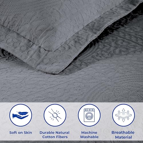 Superior Cotton Fleur De Lis Bedspread Set, Warm Blankets, All-Season Bedding, Bedroom Decor, Decorative Boho Medallion Coverlet, Includes 1 Bedspread, 2 Pillow Shams, Queen, Grey