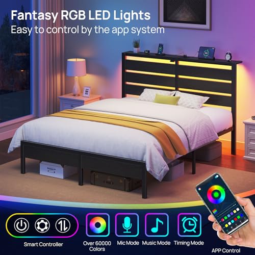 Image of Rolanstar Full Size Bed Frame with USB Charging Station, LED Bed Frame with Wood Storage Headboard, Black Metal Platform Bed with Under Bed Storage, No Box Spring Needed, Noise Free