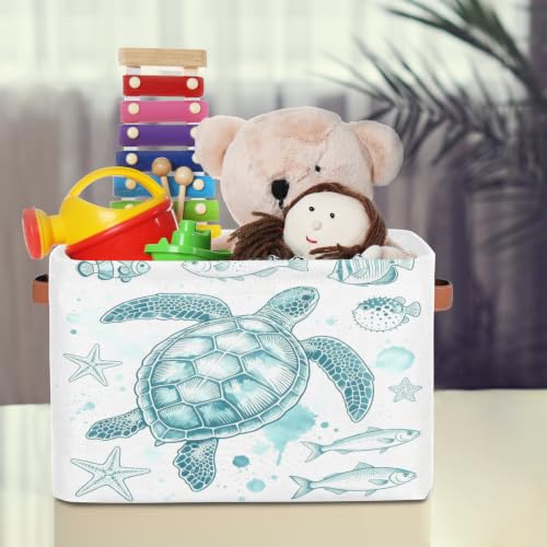 Image of Ocean Fish Square Storage Basket, Sea Turtle Fabric Storage Bin with Leather Handles Collapsible Storage Bin Nursery Hamper for Organizing Toys, Clothes, Books, Gift Baskets