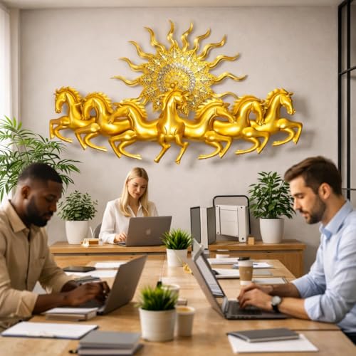 Image of iHandikart 7 Running Horses Metal Wall Art with Sun | Vastu Horses Wall Decor for Living Room | Golden Horses Wall Hanging | Luxury Metal Wall Decor for Home, Office & Entrance (36x21 Inch)