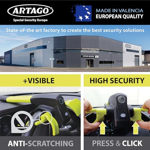 ARTAGO 870 High-End Steering Wheel Lock, 2in1 Without/With 120dB Alarm +Don't Touch +LED, More Secure & Deterrent Around a Spoke, Best Locking Bar, Universal Anti Theft Device for Car Truck Van Camper