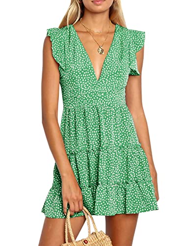 Imily Bela Vestido de verano para mujer, cuello en V, sexy, floral, vestido con volantes y volantes, verde, S Cover