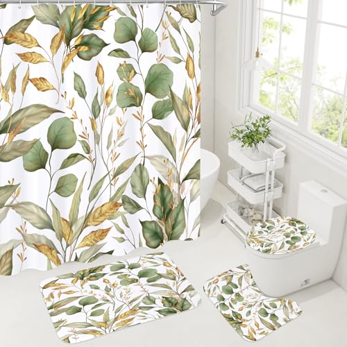 Litabel 4 Pcs Green Gold Plant Shower Curtain Set with Non-Slip Rugs, Botanical Toilet Lid Cover and Bath Mat for Aesthetic Bathroom, Elegant Bathroom Decor Set (Hooks not Included)