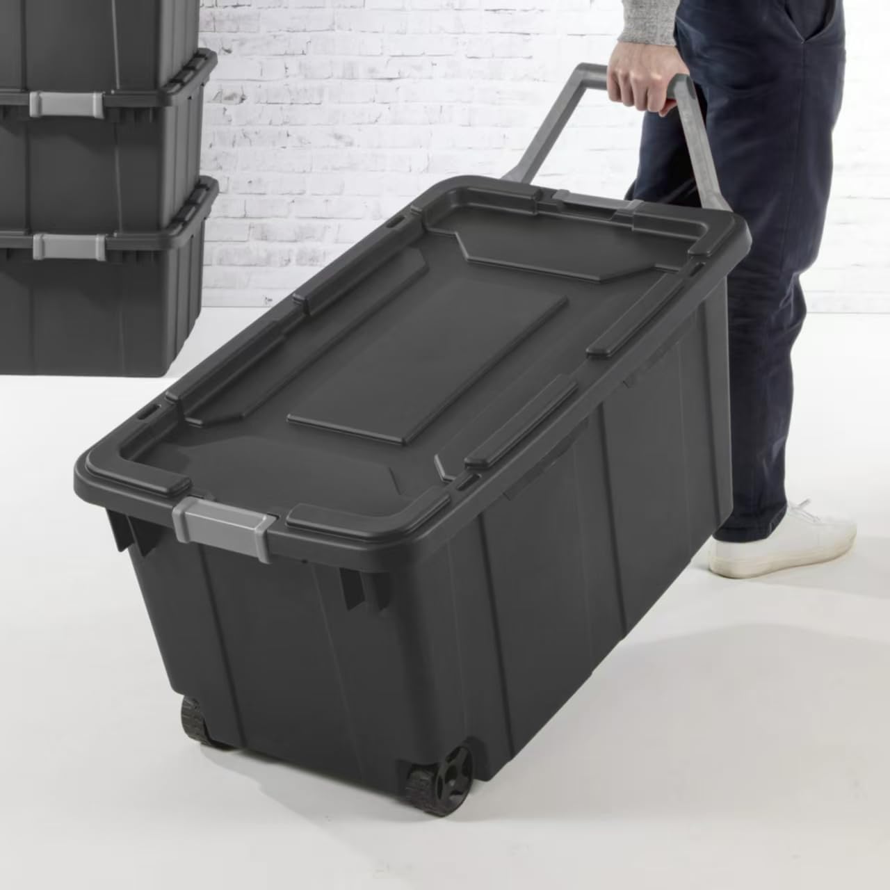 40 Gallon Heavy-Duty Industrial Tote with Wheels | Rugged Plastic Storage Bin | Secure Latch Lid | Dark Gray | Large Capacity Container for Warehouse, Garage, Workshop