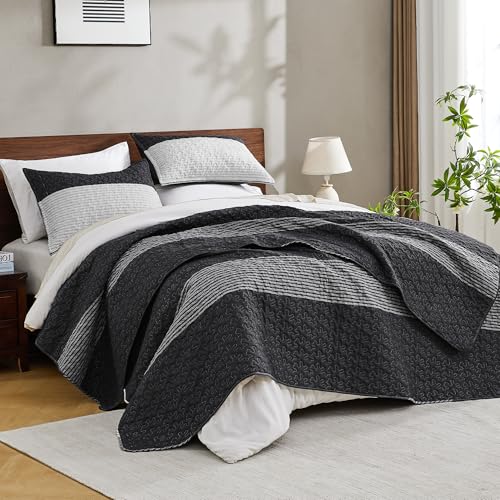 Image of Andency Oversized Queen Quilt Bedding Set, 98x98Inch Black White Stripe Bedspread Coverlet 3 Pieces, Soft Lightweight Grey Patchwork Quilted Bed Set for All Season (1 Quilt, 2 Pillowcases)