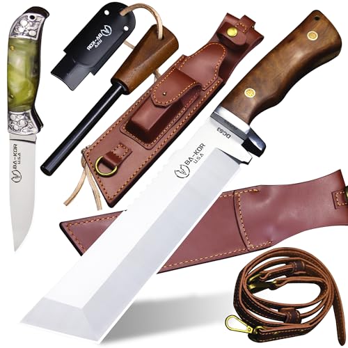 BA-KOR 8mm DC53 steel (14IN) full Tang fixed knife+scabbard+(single shoulder strap)&(5.9IN) cerium igniter&folding pocket knife, suitable for outdoor hunting, camping, survival, EDC tool knife