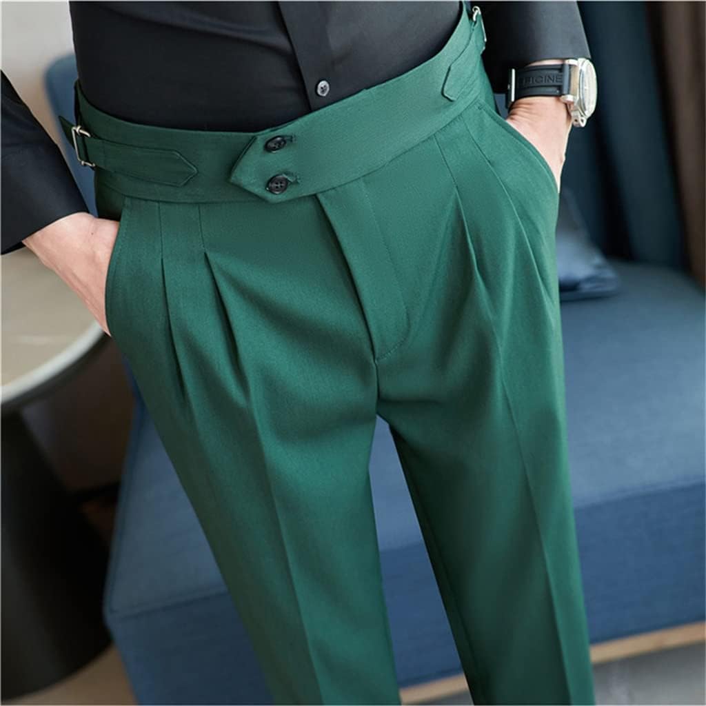 Green British Autumn High Waisttrousers Men Slim Fit Suit Pants Office Party Formal Pants