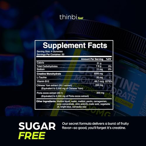 Image of Thinbi Creatine Gummies, Blueberry Raspberry and Apple, 120 Count | 5-in-1 formula, 5 g creatine per serving, Third-party tested, Chewable gummies, Gluten free