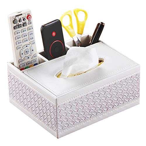 Tissue Box Cover Rectangular Leather Facial Tissue Box Holder with Remote Control Holder, Multifunction Desk Organizer Napkin Storage Box, Pumping Paper Dispenser for Bathroom, Kitchen, Office