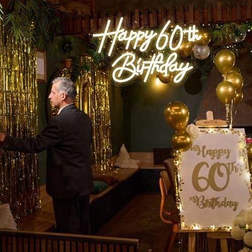 Image of Happy 60th Birthday Neon Sign For Birthday Party16.5 inch*10.5 inch Neon Happy Birthday Led Neon Light For Party Backdrop Wall Decor With Dimmable Switch Birthday Light Up Sign Birthday Gift